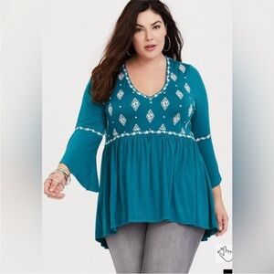 Torrid Super Soft Aqua Embroidered Babydoll Tee Size 0X